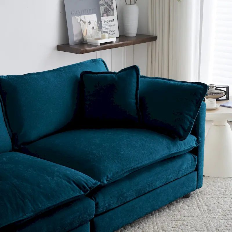 Fauteuil d'appoint moderne avec pouf, Fauteuil de salon capitonné en chenille, Fauteuil de lecture pour chambre à coucher, Chenille bleue