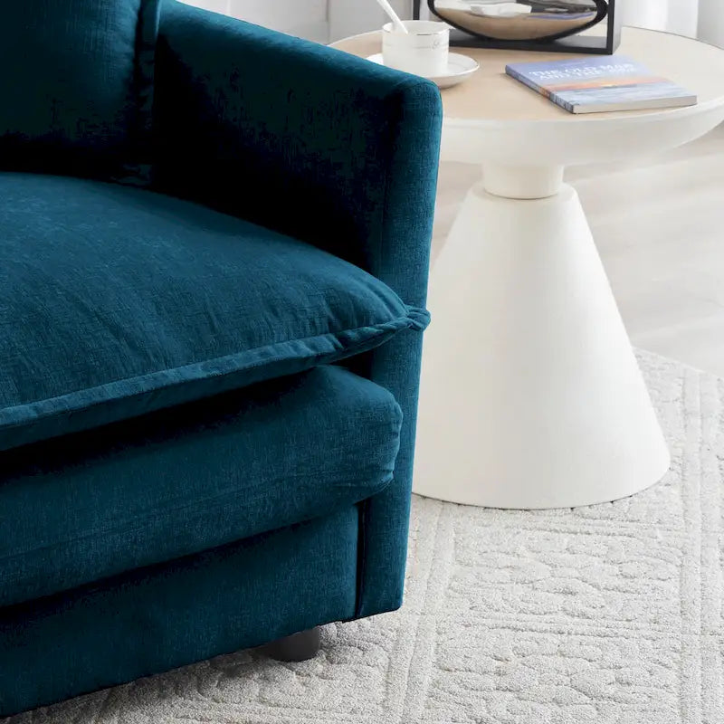 Fauteuil d'appoint moderne avec pouf, Fauteuil de salon capitonné en chenille, Fauteuil de lecture pour chambre à coucher, Chenille bleue