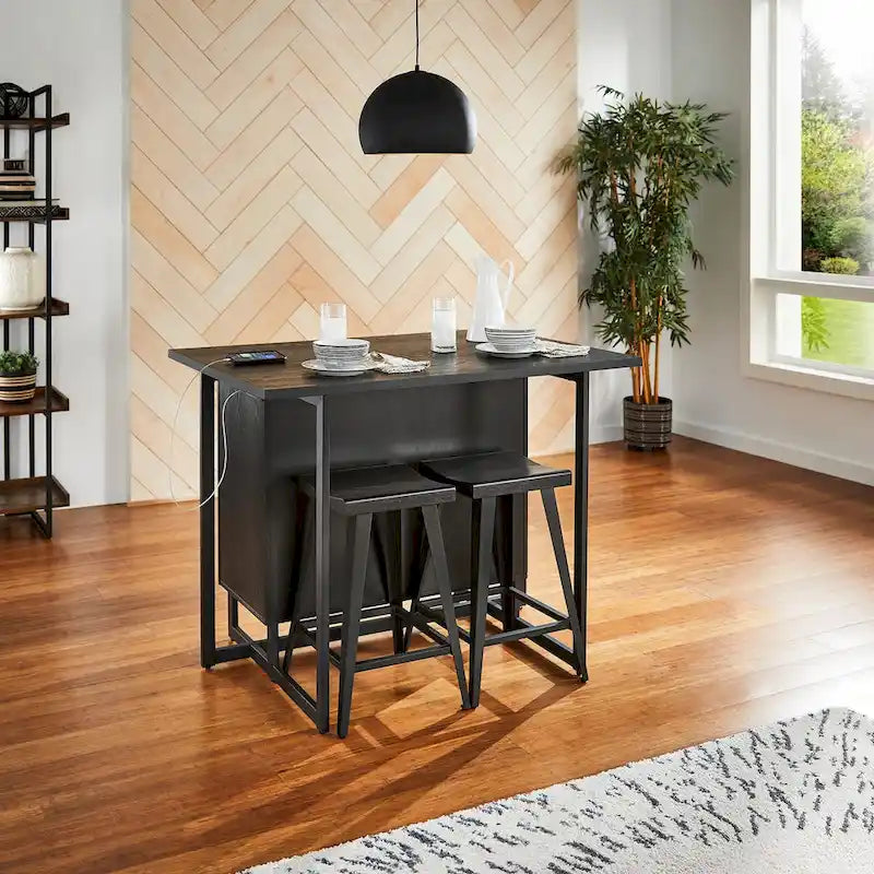 Îlot de cuisine noir à 2 portes avec prises de courant et USB et 2 tabourets par