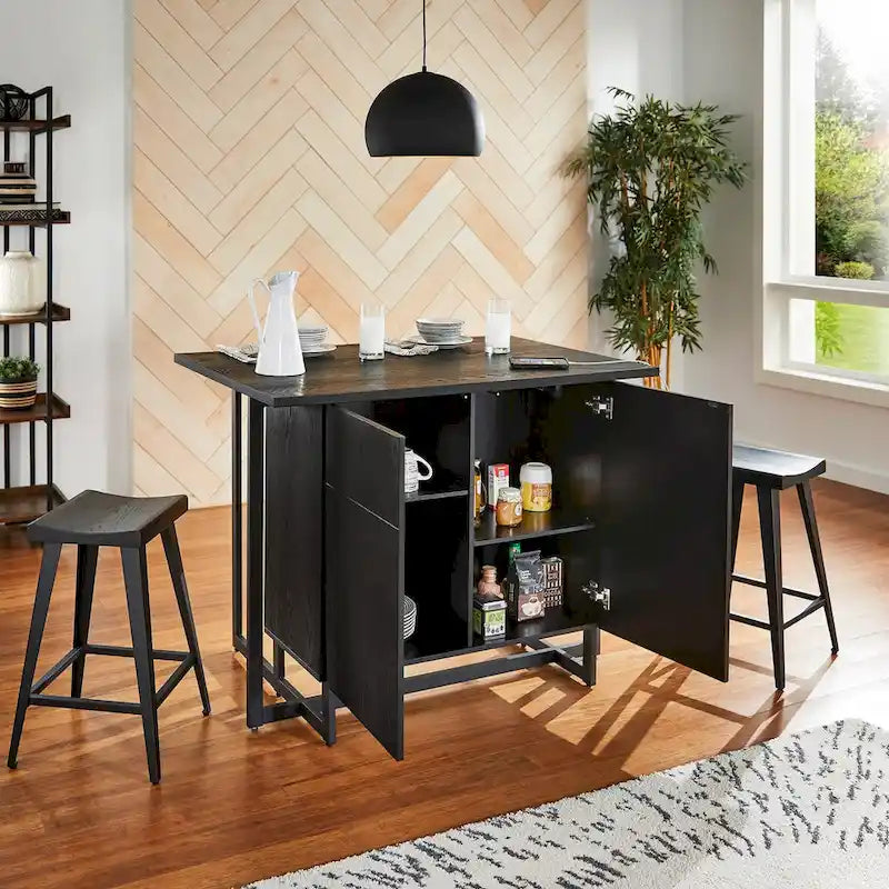 Îlot de cuisine noir à 2 portes avec prises de courant et USB et 2 tabourets par