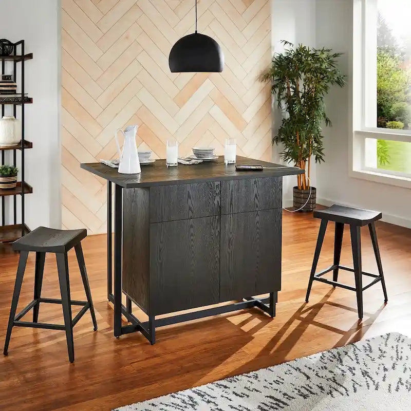 Îlot de cuisine noir à 2 portes avec prises de courant et USB et 2 tabourets par