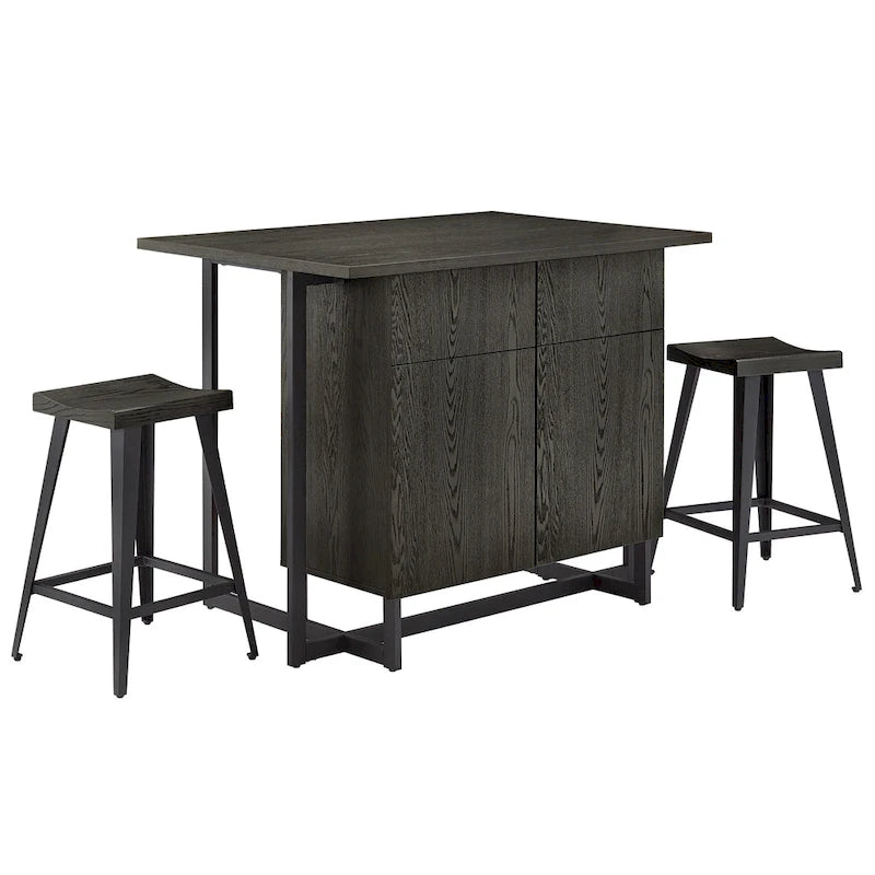 Îlot de cuisine noir à 2 portes avec prises de courant et USB et 2 tabourets par