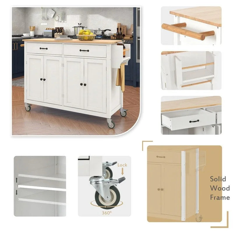Îlot de cuisine mobile avec plateau en bois massif, 2 tiroirs et porte-serviettes, sur roulettes verrouillables