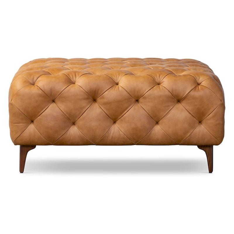 Ottoman en cuir italien pleine fleur véritable, couleur cognac tanné, avec pieds en bois