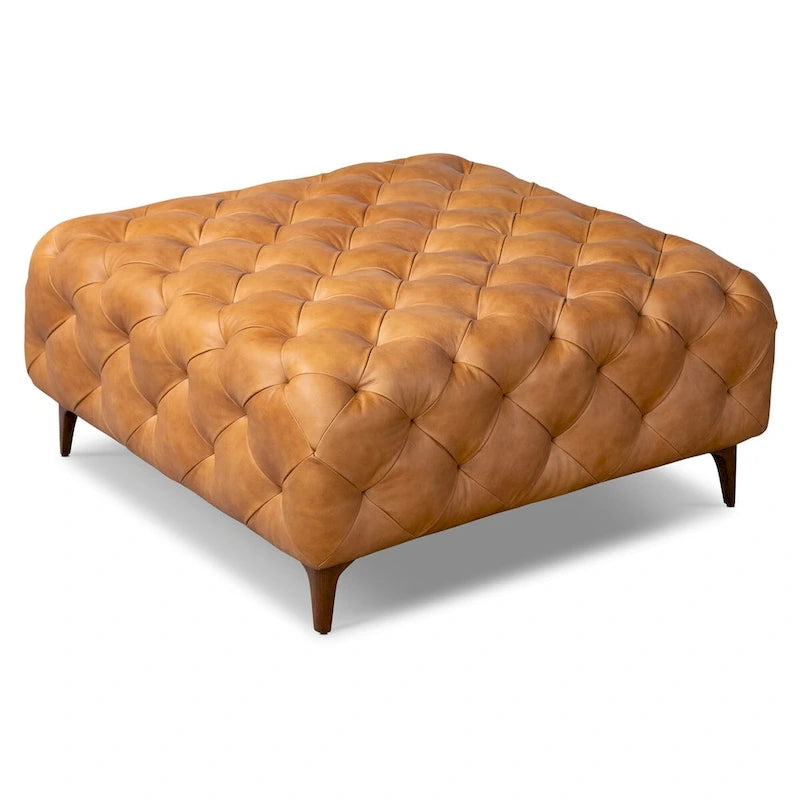 Ottoman en cuir italien pleine fleur véritable, couleur cognac tanné, avec pieds en bois