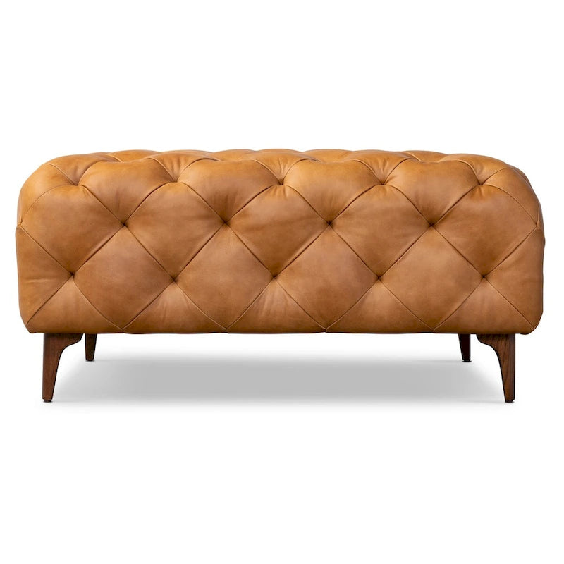 Ottoman en cuir italien pleine fleur véritable, couleur cognac tanné, avec pieds en bois