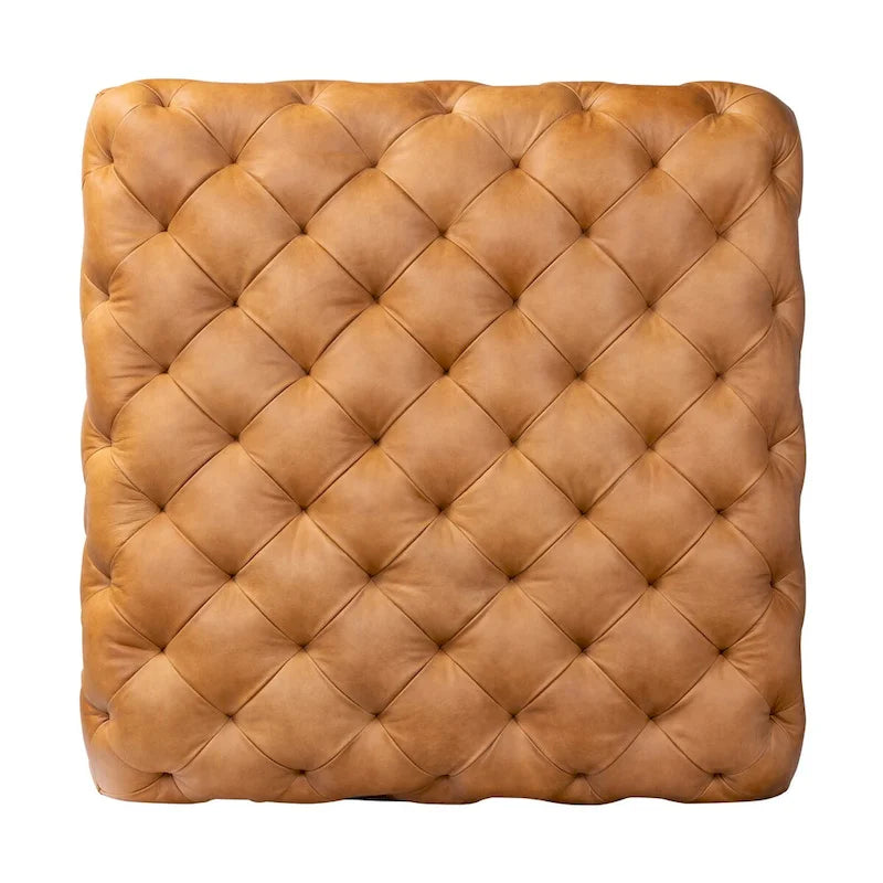 Ottoman en cuir italien pleine fleur véritable, couleur cognac tanné, avec pieds en bois