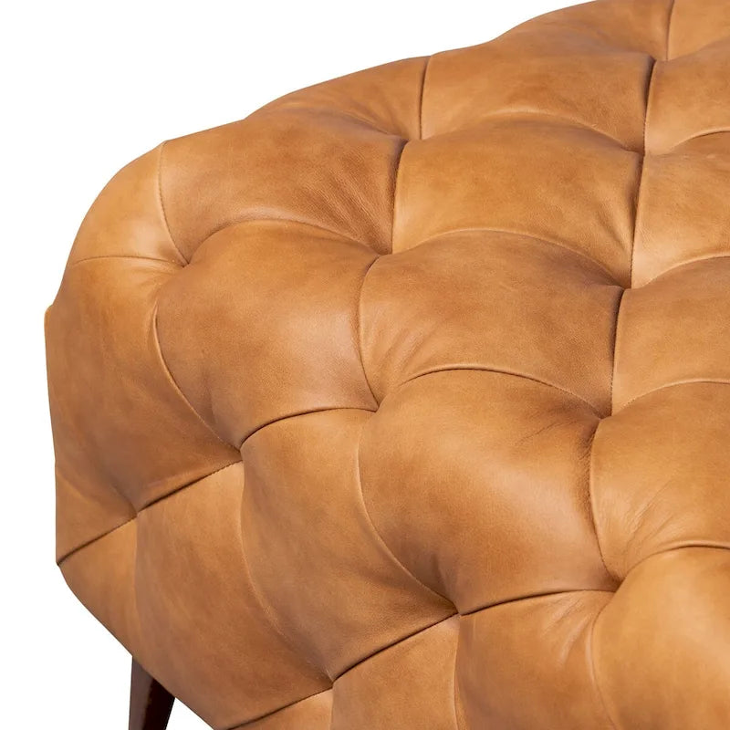 Ottoman en cuir italien pleine fleur véritable, couleur cognac tanné, avec pieds en bois