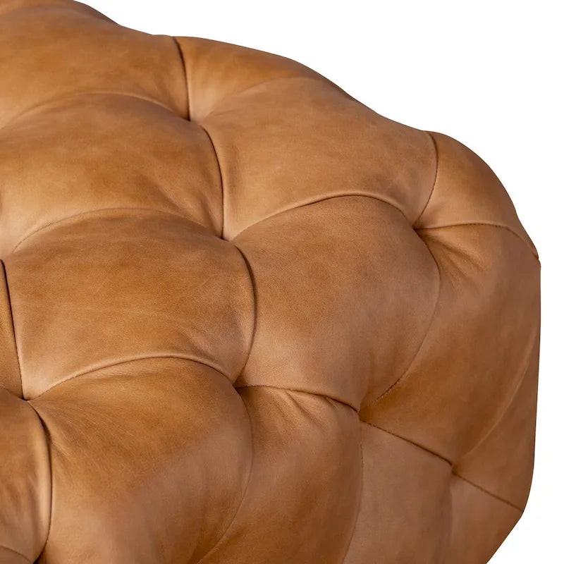 Ottoman en cuir italien pleine fleur véritable, couleur cognac tanné, avec pieds en bois