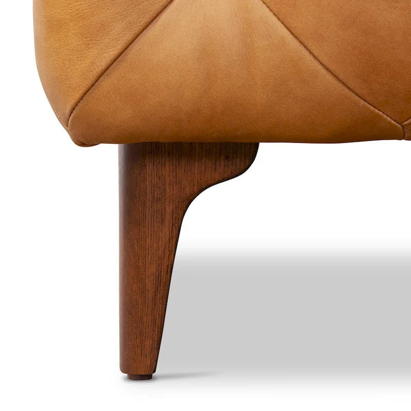 Ottoman en cuir italien pleine fleur véritable, couleur cognac tanné, avec pieds en bois