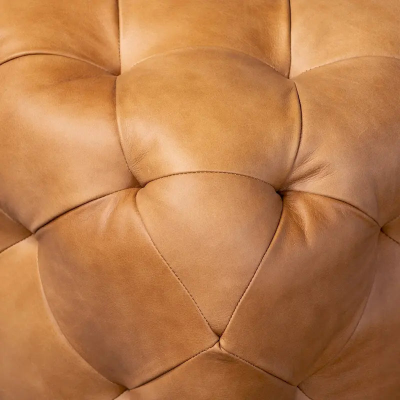 Ottoman en cuir italien pleine fleur véritable, couleur cognac tanné, avec pieds en bois