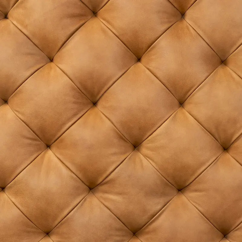 Ottoman en cuir italien pleine fleur véritable, couleur cognac tanné, avec pieds en bois