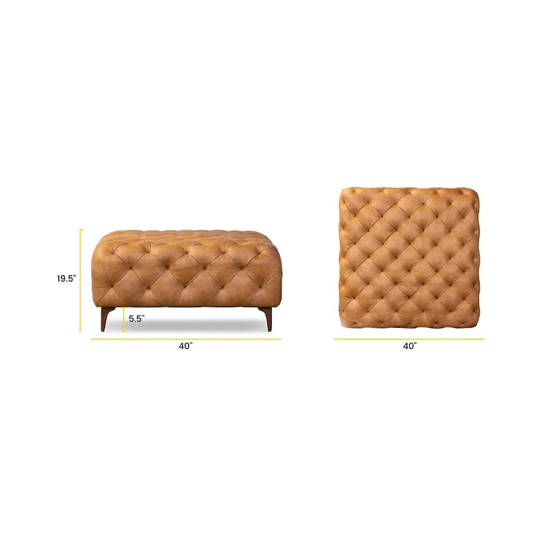 Ottoman en cuir italien pleine fleur véritable, couleur cognac tanné, avec pieds en bois