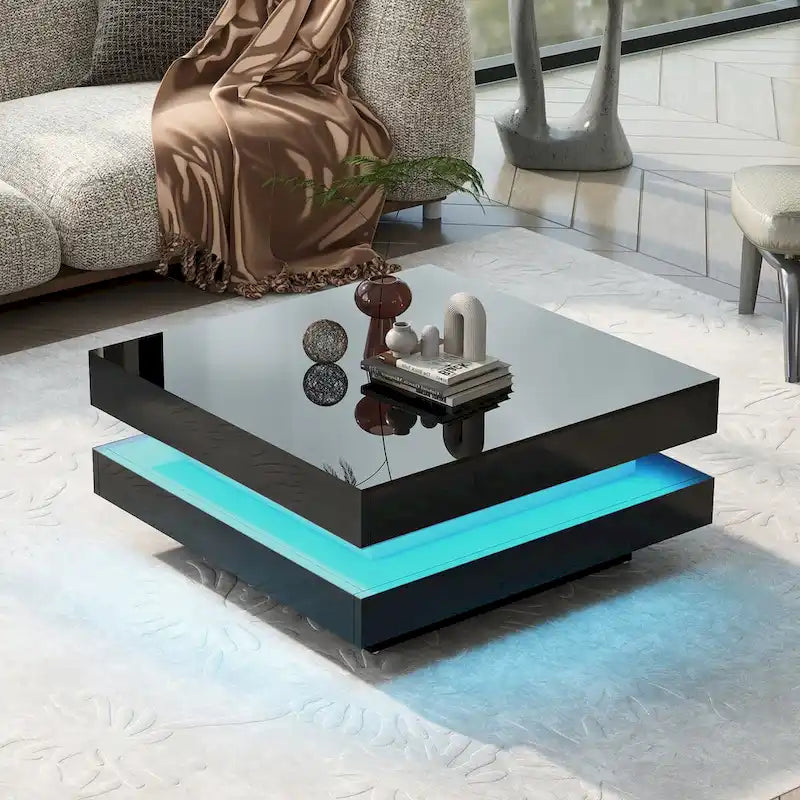 Table basse carrée à 2 niveaux, design minimaliste très brillant avec lumières LED, table basse de salon