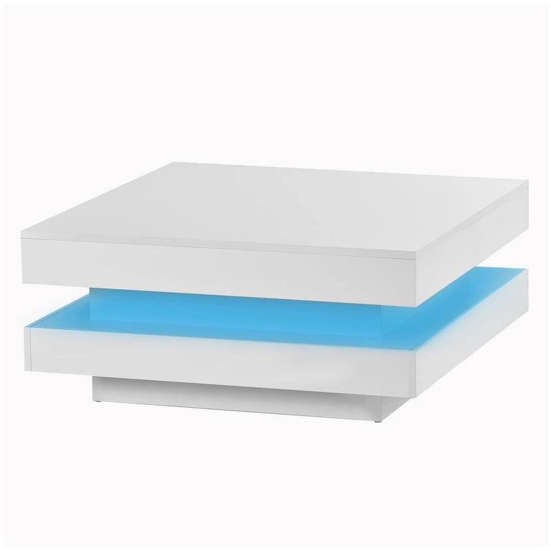 Table basse carrée à 2 niveaux, design minimaliste très brillant avec lumières LED, table basse de salon