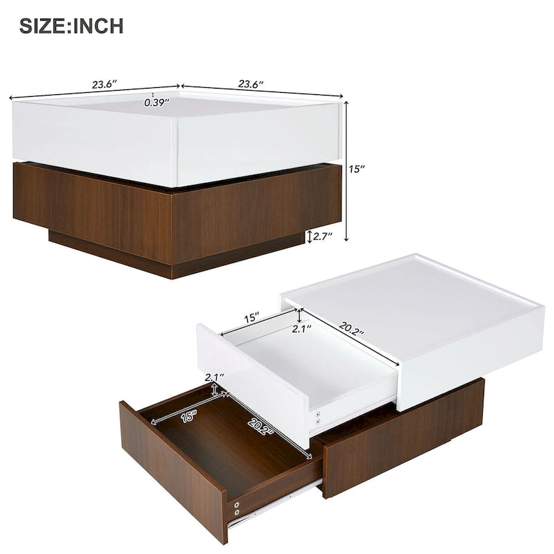 Table basse carrée rotative à 360° avec 2 tiroirs