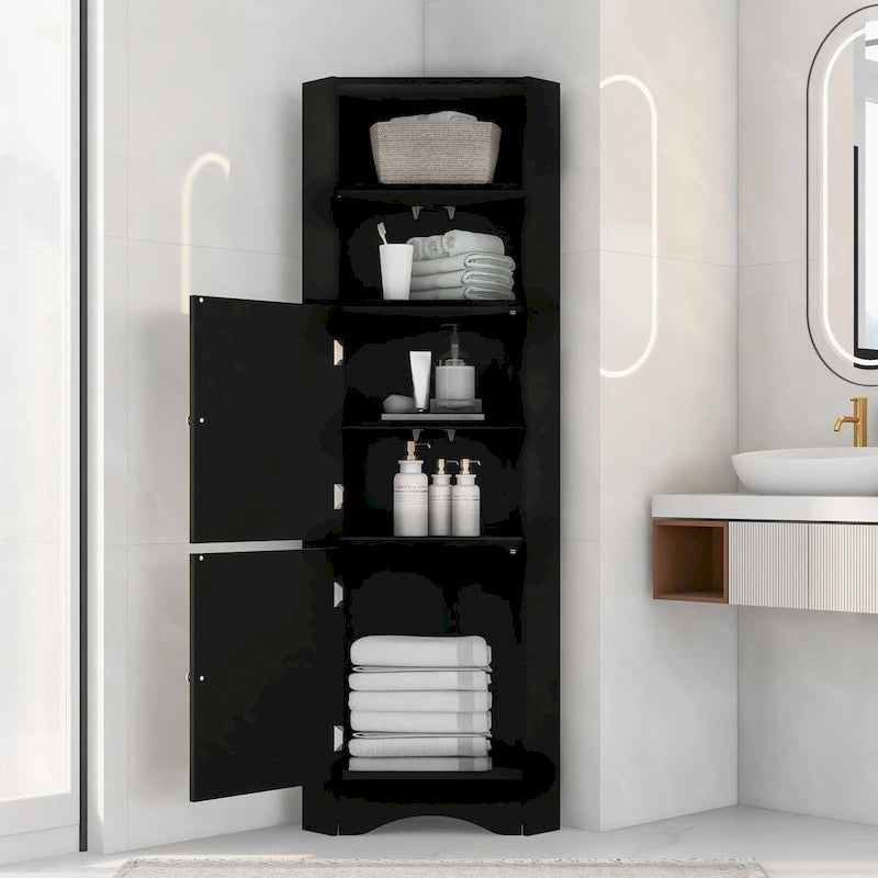 Meuble Colonne de Salle de Bain d'Angle, Meuble de Rangement sur Pied avec Portes et Étagères Réglables, Panneau MDF