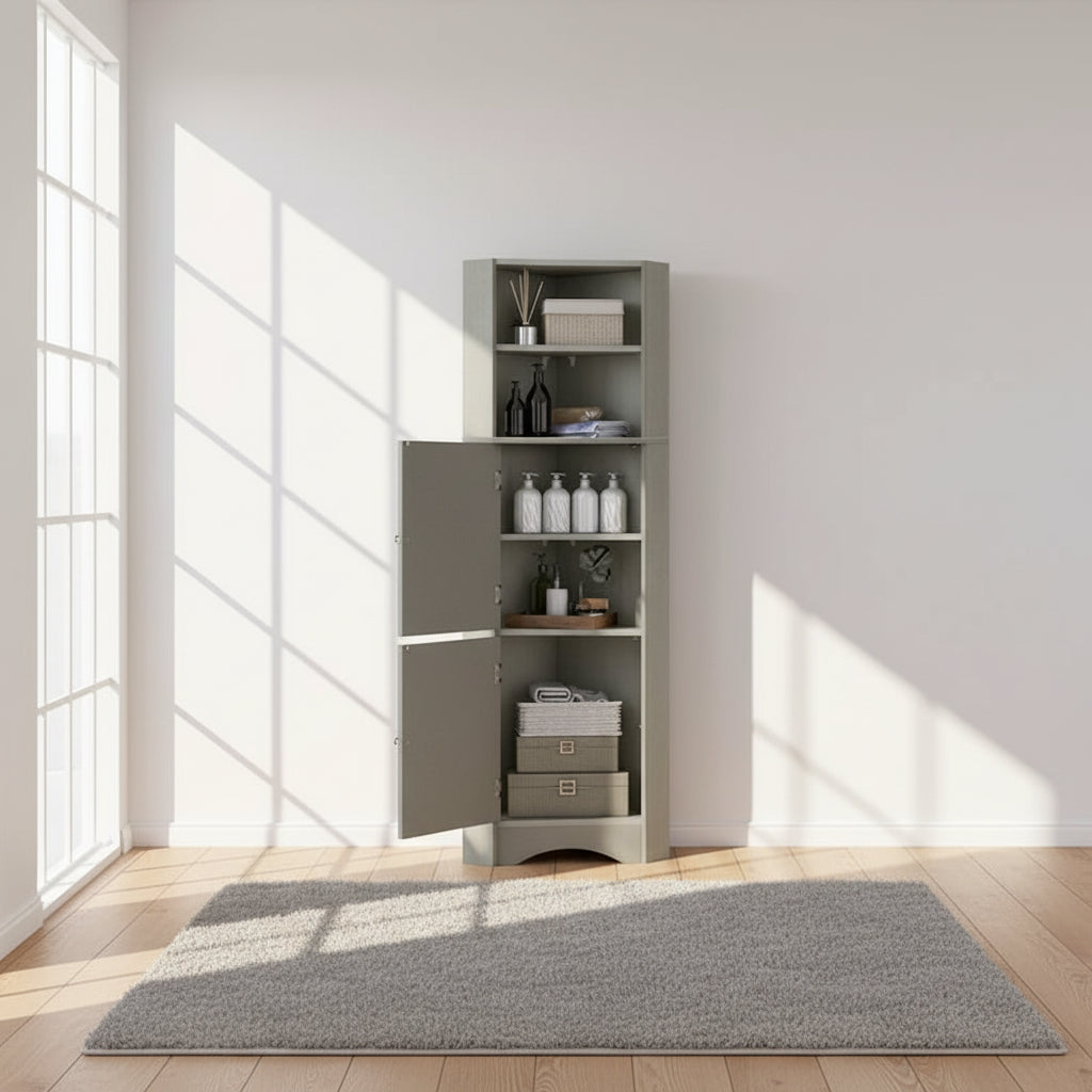 Tall Bathroom Corner Cabinet, Freestanding Storage Cabinet with Doors and Adjustable Shelves, MDF Board