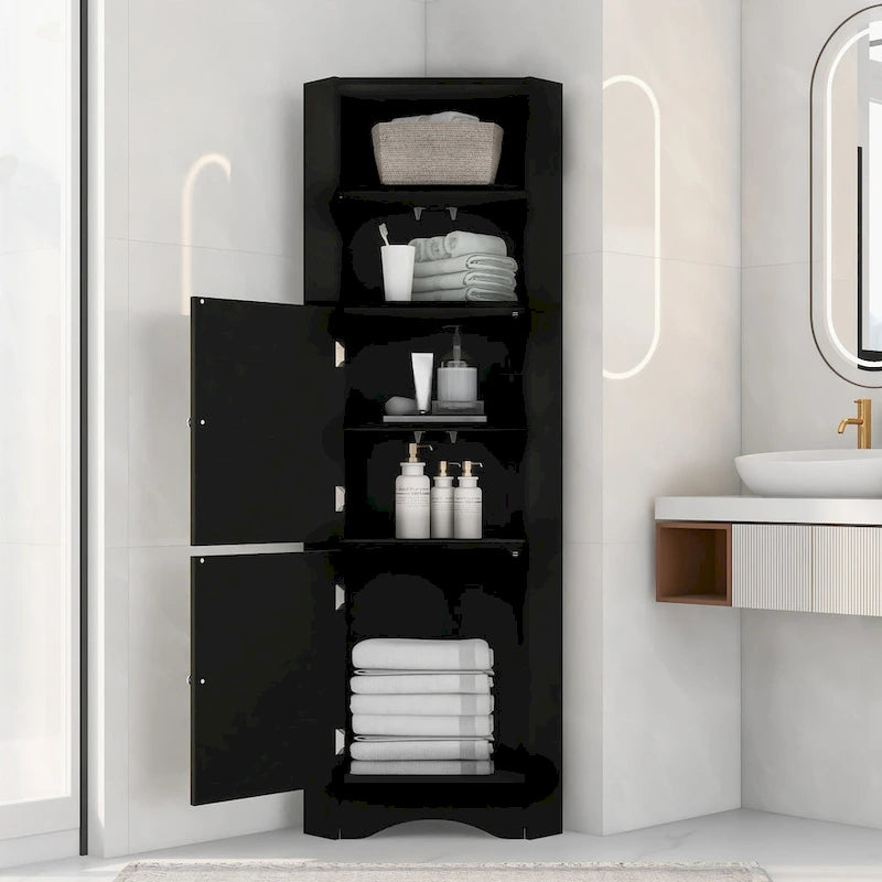 Meuble Colonne de Salle de Bain d'Angle, Meuble de Rangement sur Pied avec Portes et Étagères Réglables, Panneau MDF