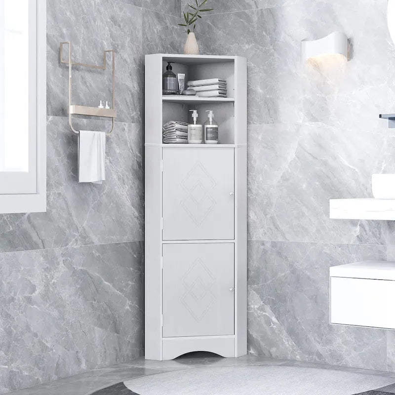 Meuble Colonne de Salle de Bain d'Angle, Meuble de Rangement sur Pied avec Portes et Étagères Réglables, Panneau MDF
