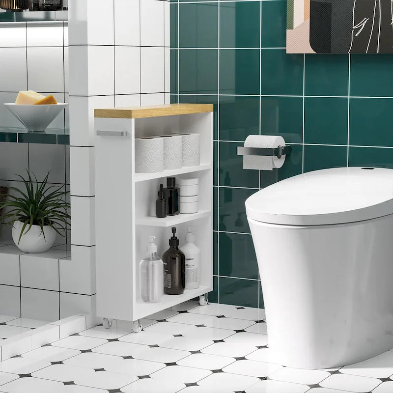 Meuble de salle de bain fin à roulettes avec rangement, Blanc