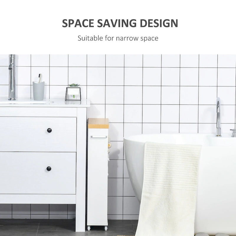 Meuble de salle de bain fin à roulettes avec rangement, Blanc
